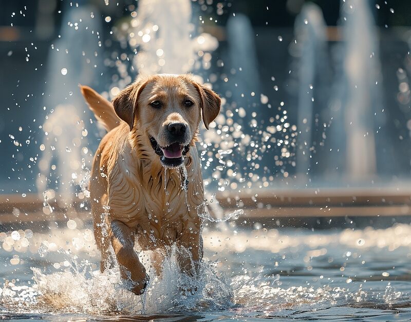 Yellow Labrador Retriever splashing through a shallow fountain during outdoor play in the Flowery Branch community