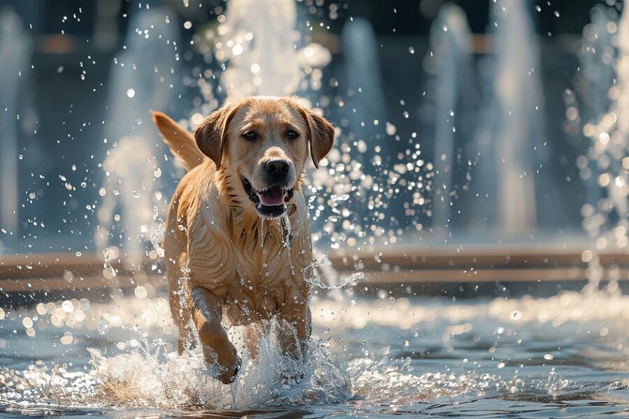 Yellow Labrador Retriever splashing through a shallow fountain during outdoor play in the Flowery Branch community