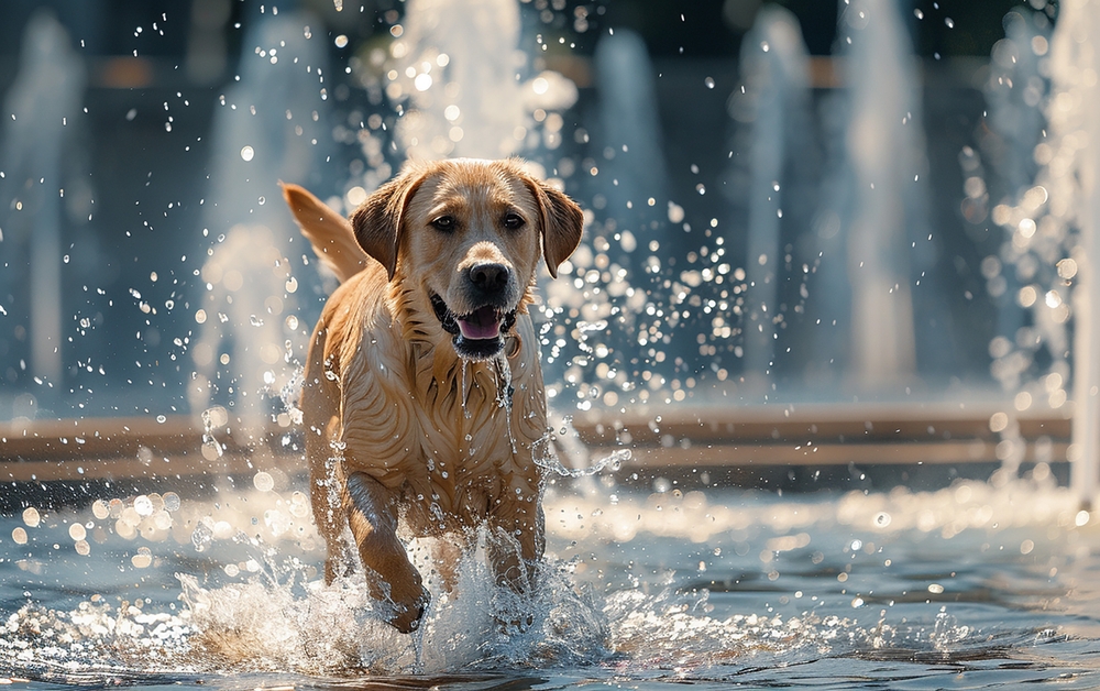 Yellow Labrador Retriever Playing in a Fountain, Flowery Branch Community Yellow Labrador Retriever splashing through a shallow fountain during outdoor play in the Flowery Branch community